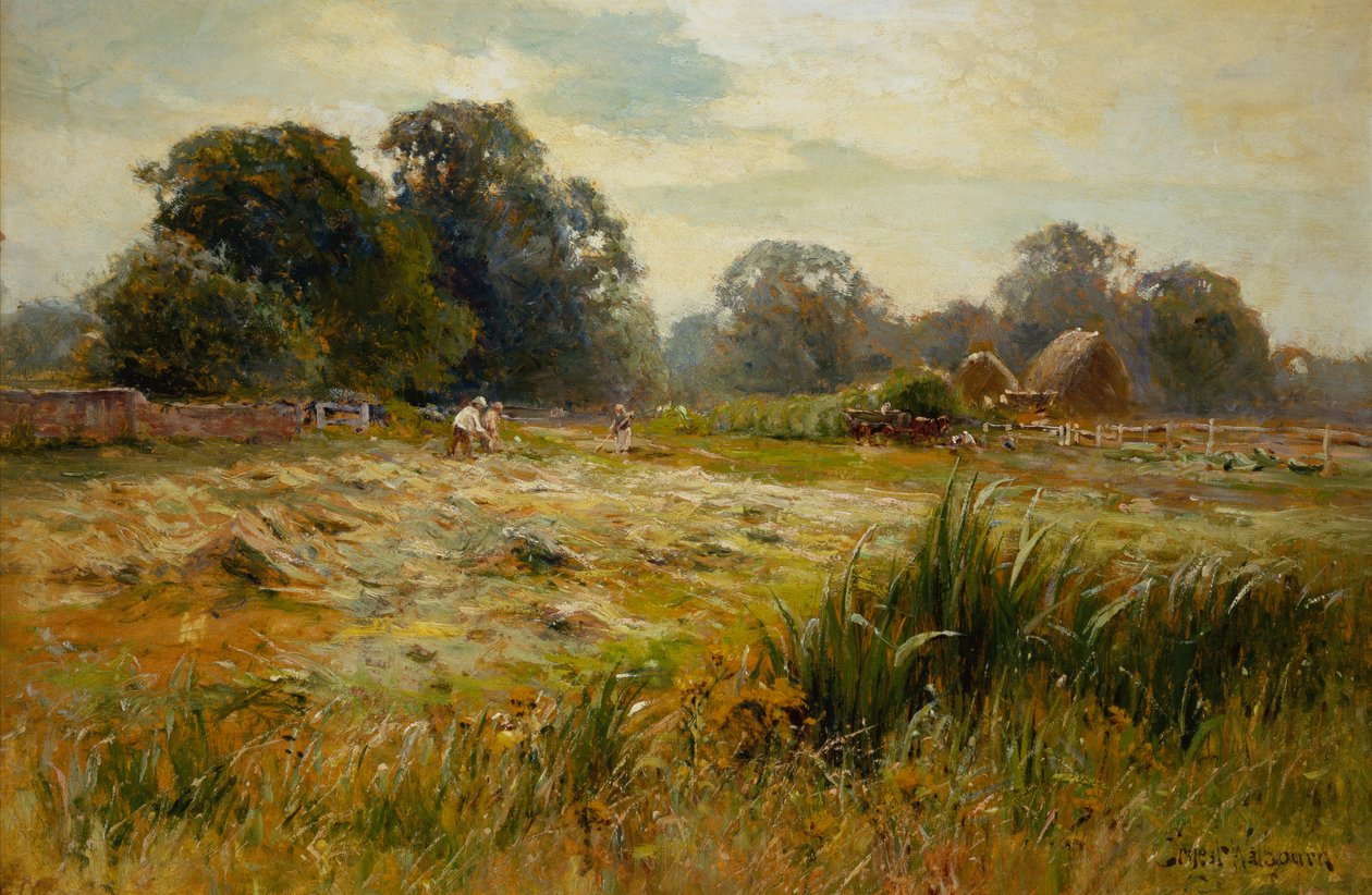 Turning the Hay, poblíž Epping, Essex (olej na palubě) od Ernest C. Walbourne