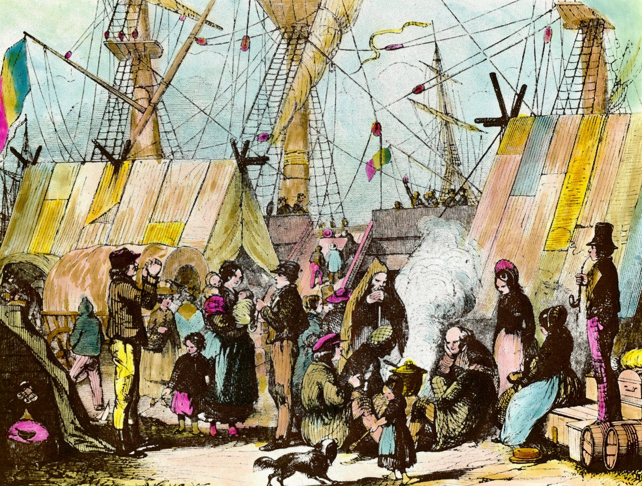 Rodiny emigrantů tábořily v přístavu Le Havre. Rytina Ernesta Chartona (1813-1905) Rytina soukromé sbírky 19. století od Ernest Charton