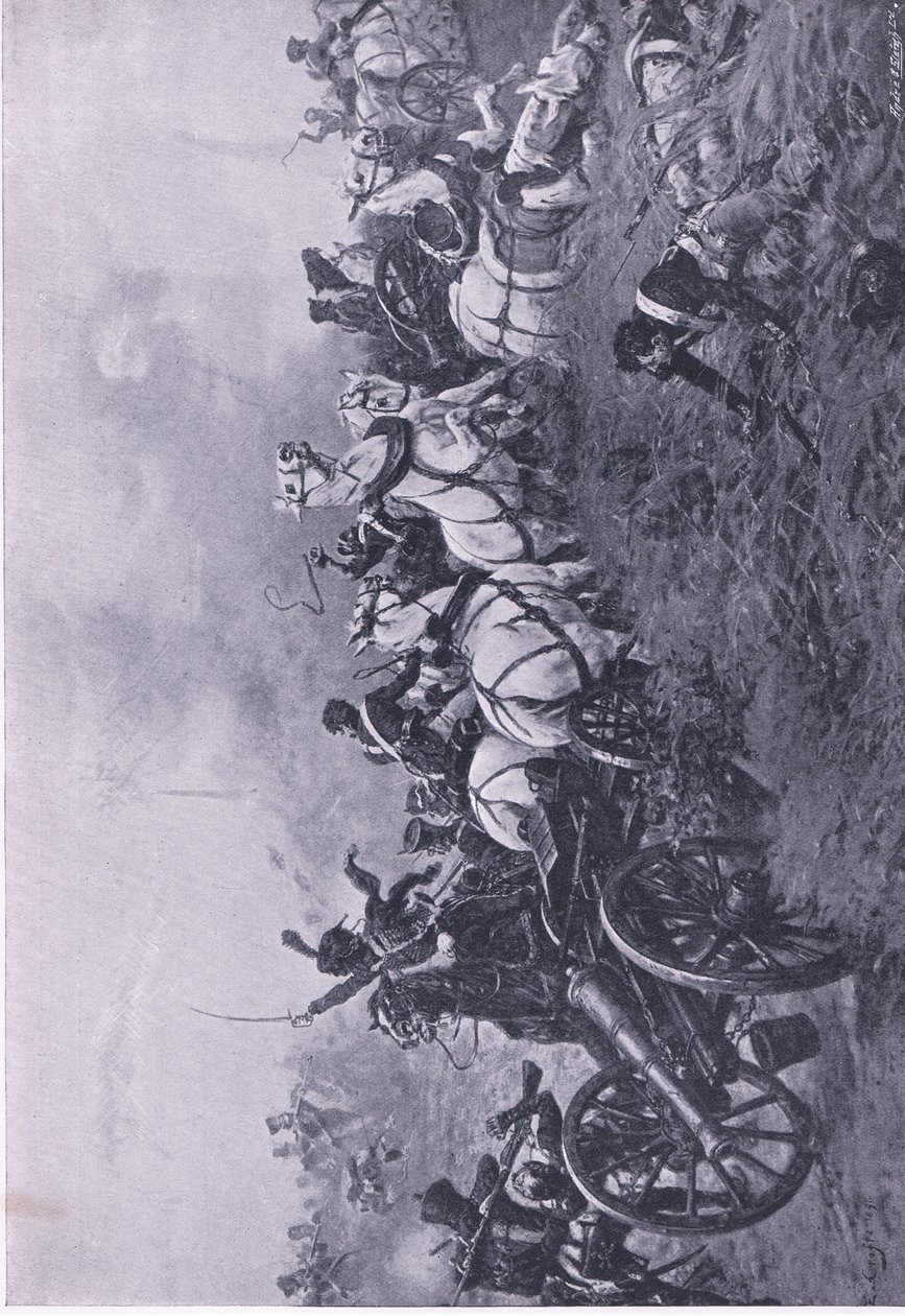 Zajmutí francouzské baterie 52. oxfordshireským lehkým pěším plukem u Waterloo 18. června 1815 , ilustrace z britských bitev na souši a na moři , 1915 od Ernest Crofts