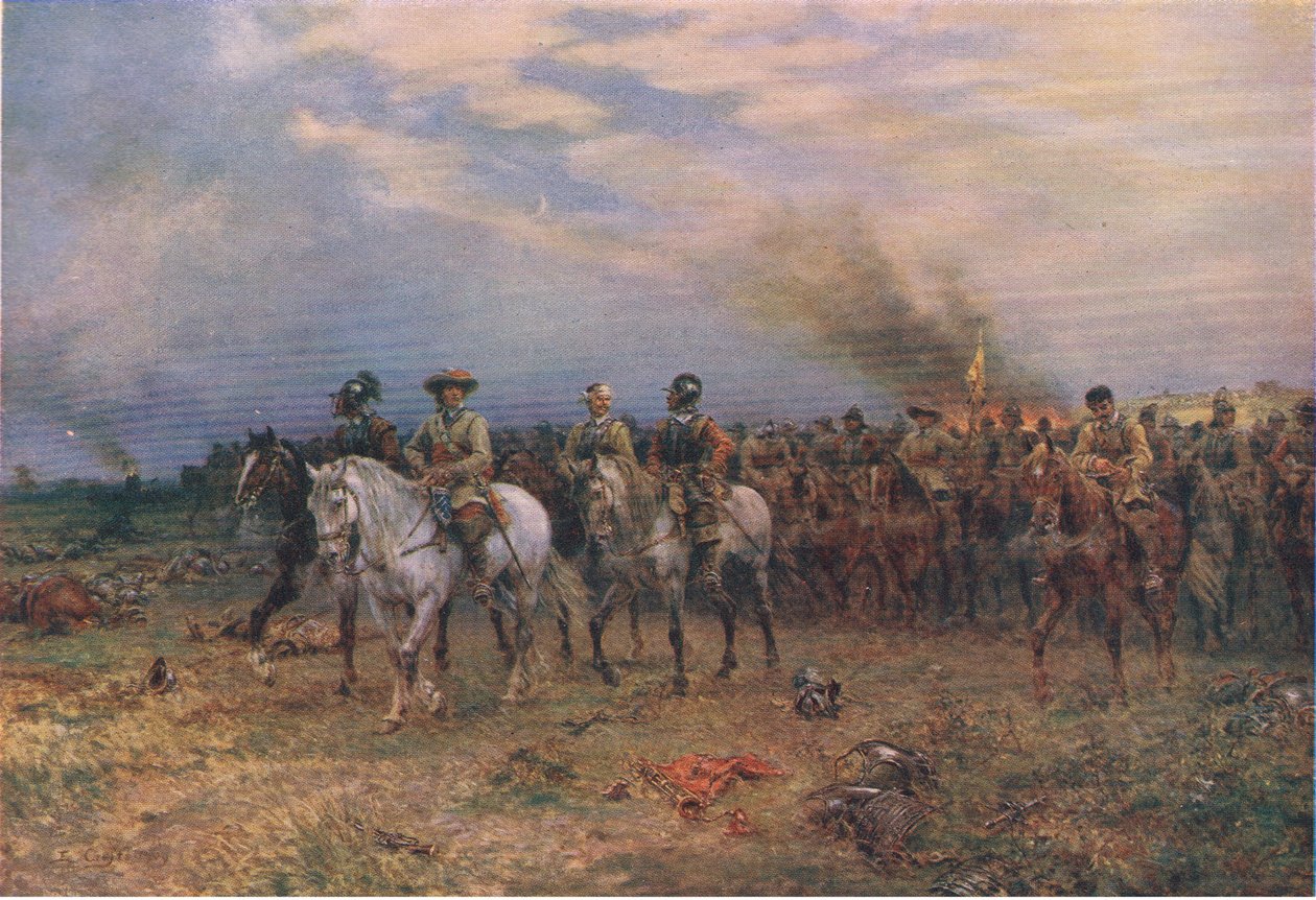 Cromwell at Marston Moor, ilustrace z The History of the British People vydané nakladatelstvím Waverley, kolem roku 1940 (barevné lito) od Ernest Crofts