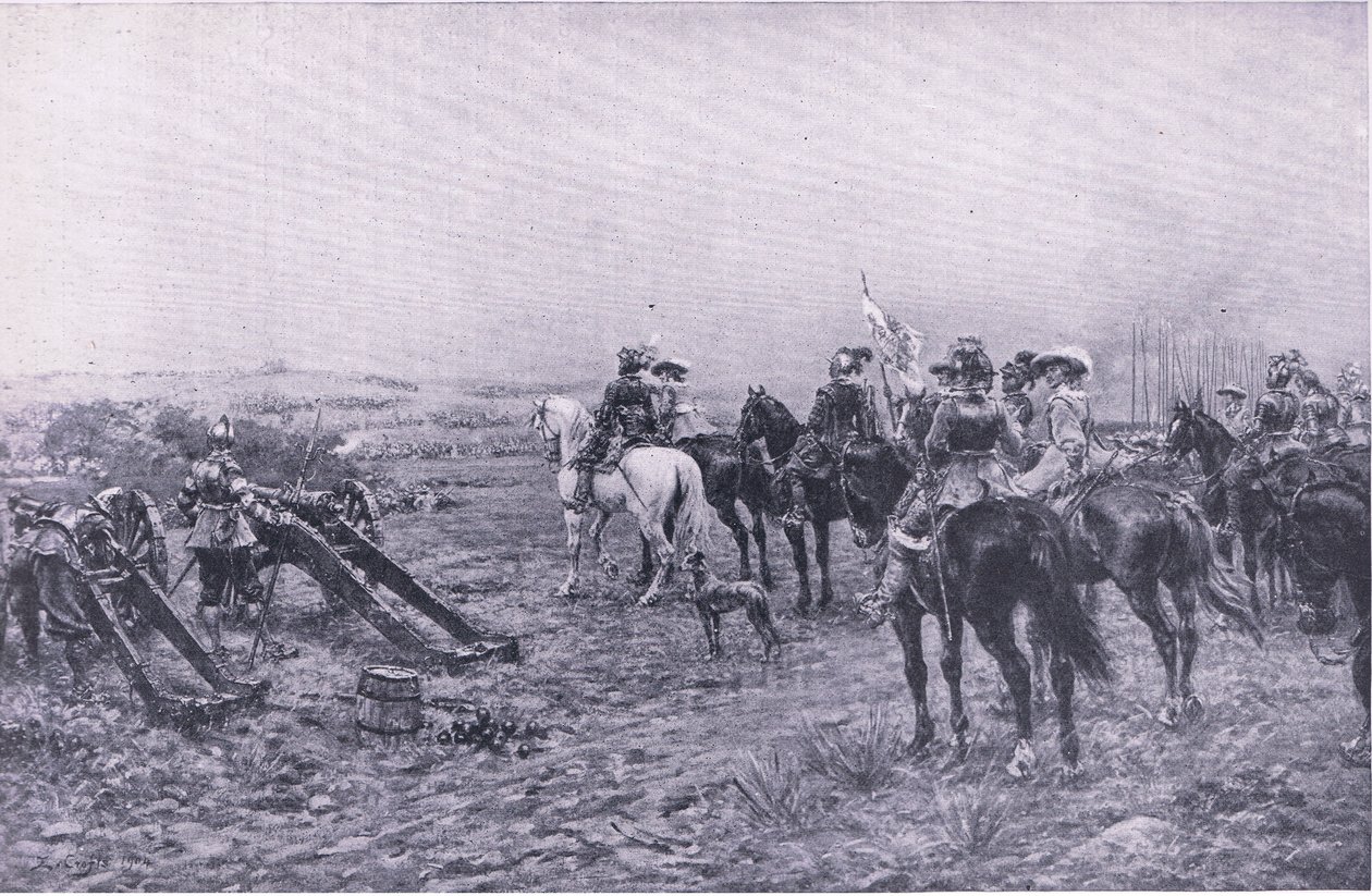 Princ Rupert v bitvě u Marstonu, 2. července 1644, ilustrace z britských bitev na souši a na moři, 1915 od Ernest Crofts