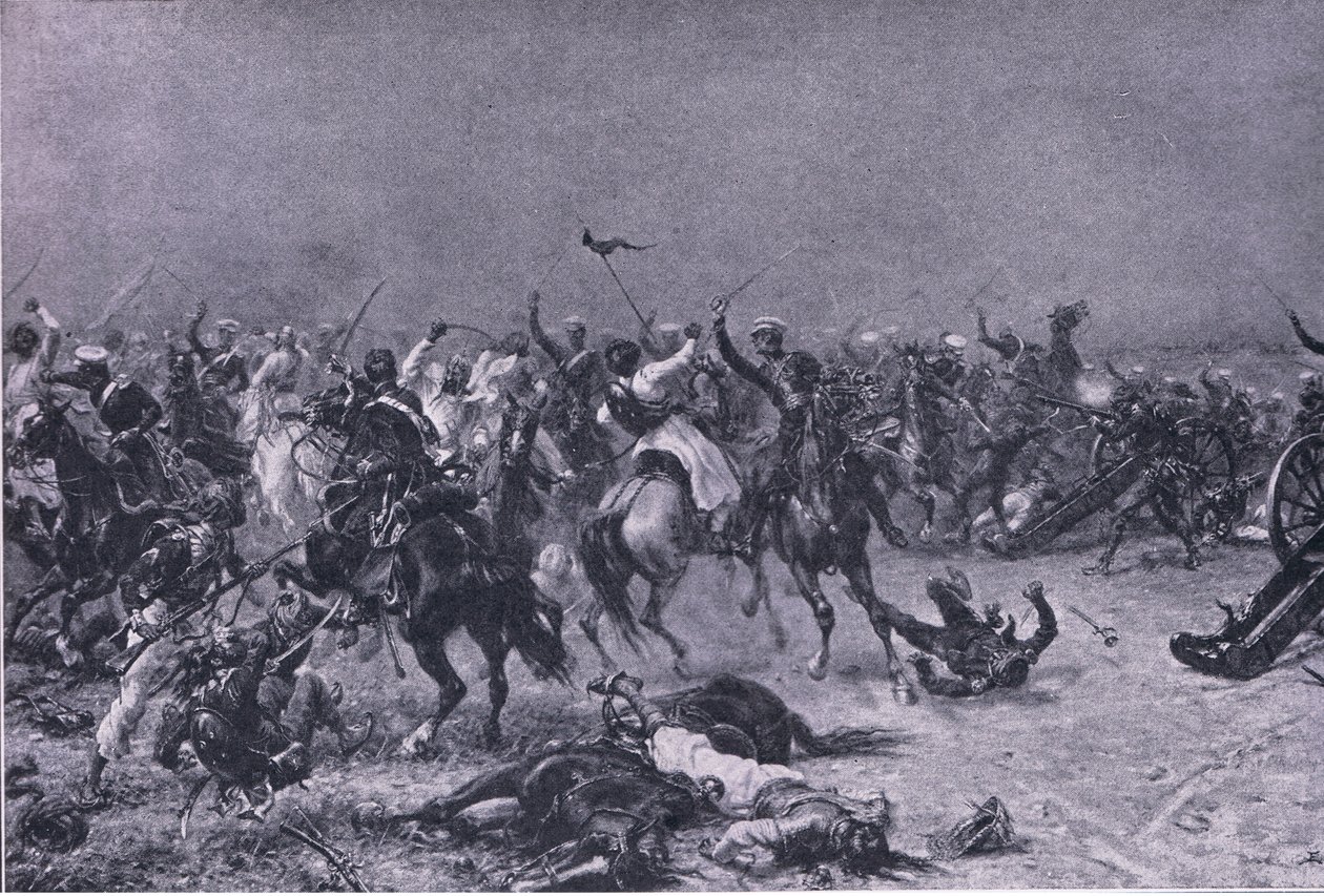 Útok králů Own Light Dragoons v Mudki, ilustrace z britských bitev na souši a na moři, 1915 od Ernest Crofts