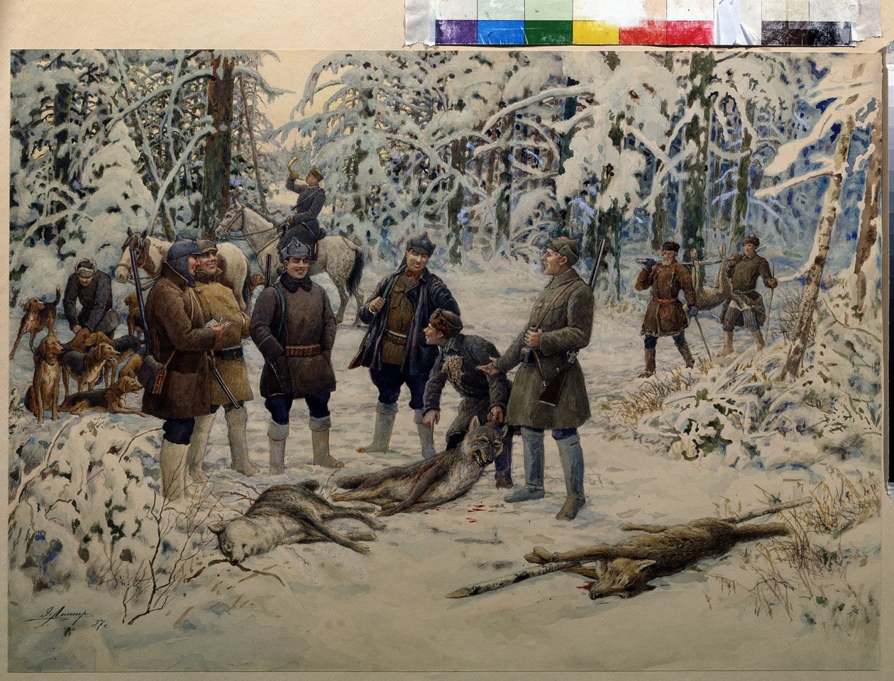 Po úspěšném lovu. Skupiny lovců shromažďují zvěř (vlky) na signál jezdce, který zatroubí. Obraz Ernesta Ernestoviče Lissnera (1874-1941), olej na plátně od Ernest Ernestovich Lissner