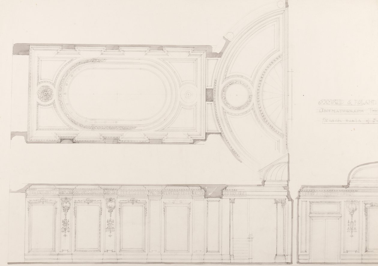 Návrhy interiéru kina Oxford and Poland Street Cinematograph Theatre: Strop hlediště a zadní stěna, cca 1910 (tužka na papíře) od Ernest George William Souster