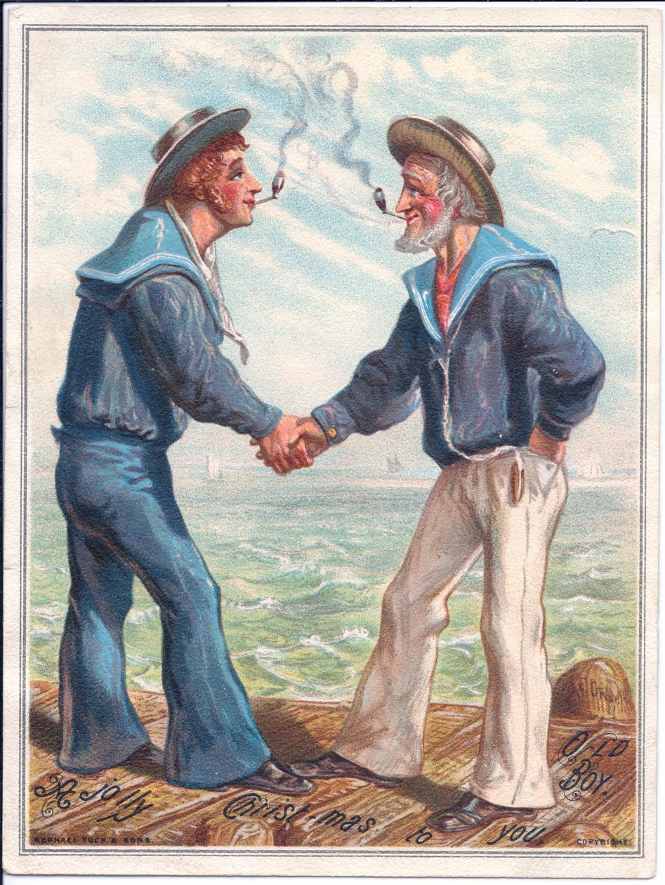 Viktoriánské vánoční přání dvou námořníků, kteří kouří hliněné dýmky a potřásají si rukama, kolem roku 1880 (barva litho) od Ernest Henry Griset