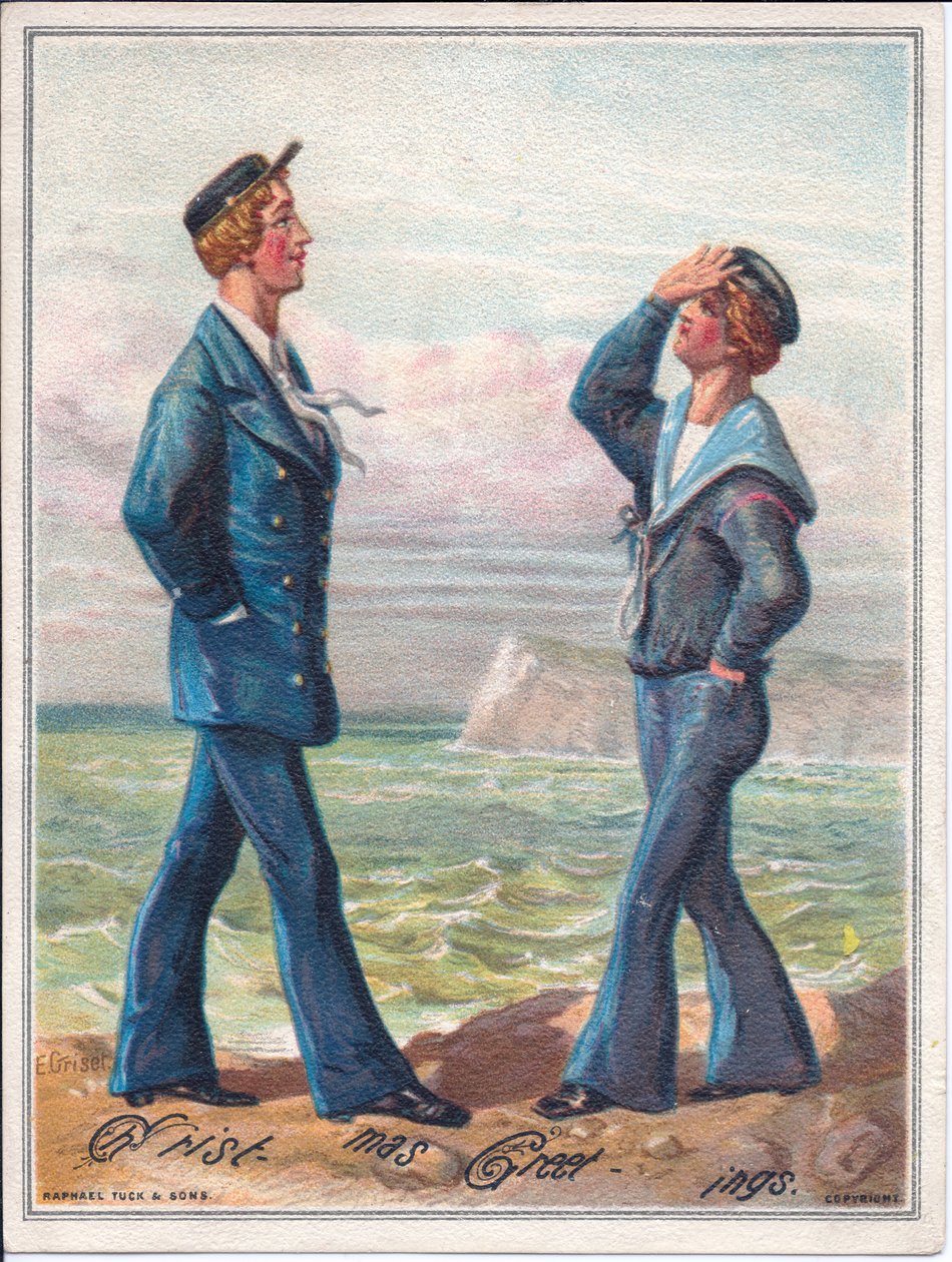 Viktoriánské vánoční přání dvou námořníků kráčejících podél oceánu, kolem roku 1880 od Ernest Henry Griset