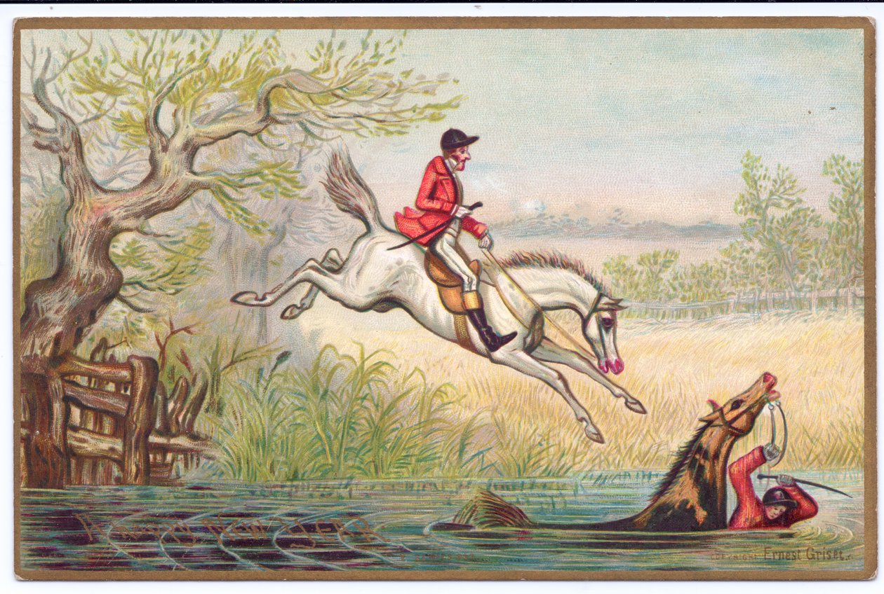 Viktoriánský novoroční pohled na hon na lišku s lovcem a jeho koněm padajícím do řeky, kolem roku 1880 od Ernest Henry Griset