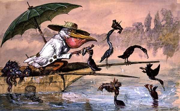 Kormoráni představují rybu pelikánovi v pramici pod deštníkem z „The Dream of the Fisherman“ (pero, inkoust a akvarel) od Ernest Henry Griset