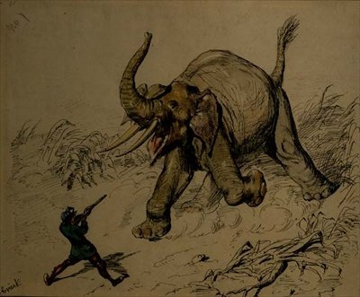 Elephant Shoot (pero a inkoust, akvarel na papíře) od Ernest Henry Griset