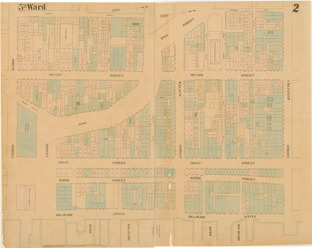 Maps of the City of Philadelphia, svazek 1, deska 2, 1860 (ručně kolorovaná rytina) od Ernest Hexamer