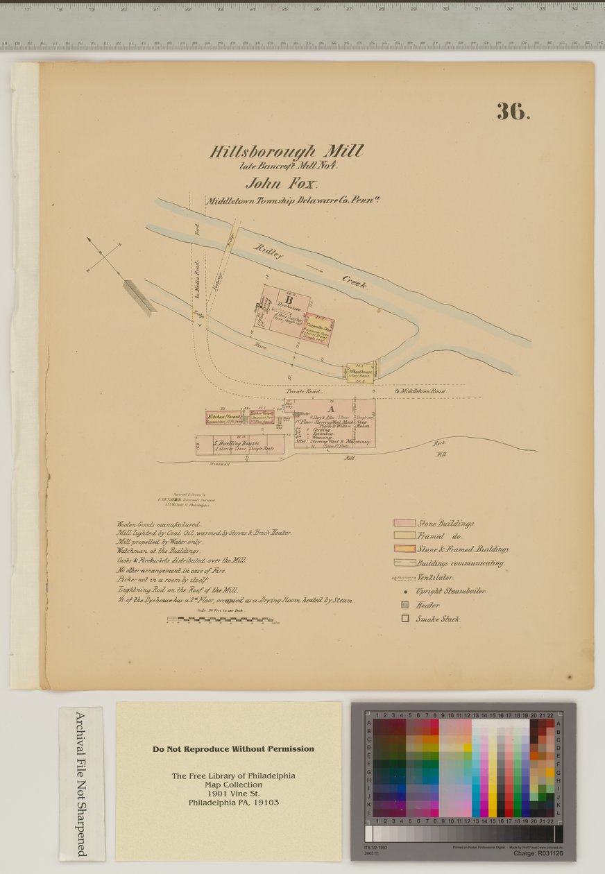 Plán Hillsborough Mill, Middletown Township, Delware, ilustrace z „Hexamer General Surveys“ (pero a inkoust s mytím na papíře) od Ernest Hexamer
