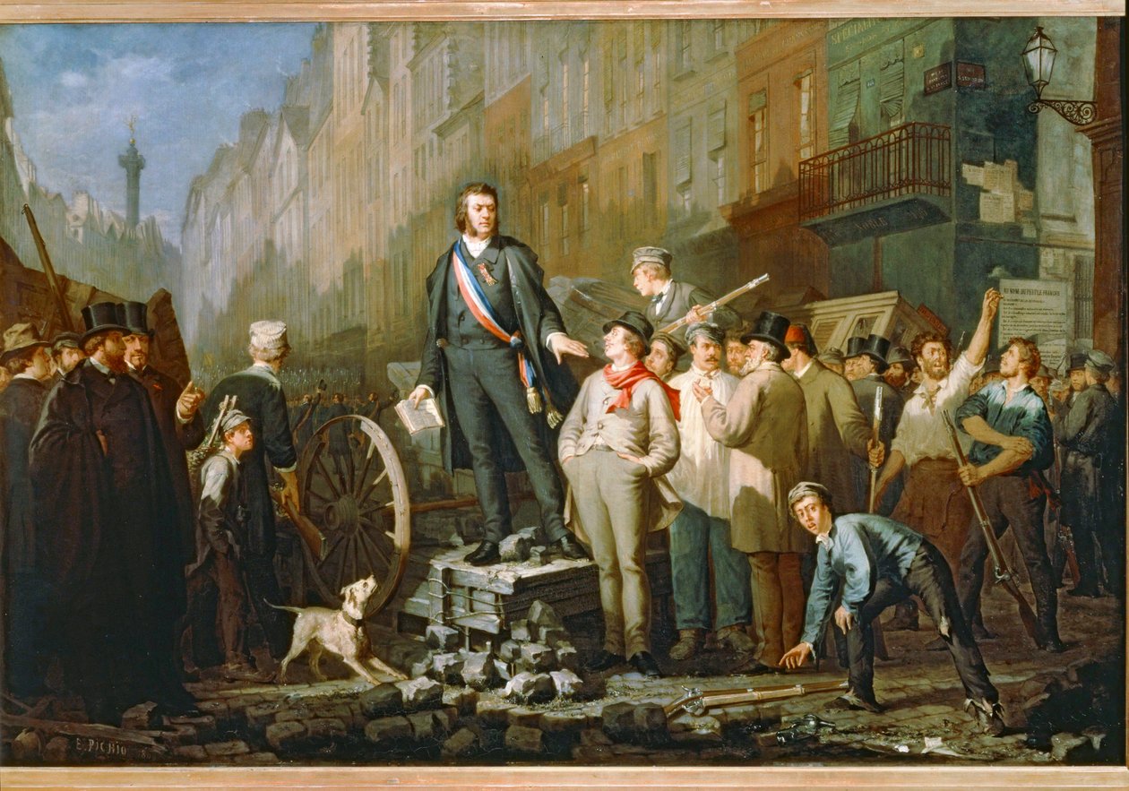 Jean-Baptiste Alphonse Baudin na barikádách v Saint-Antoine u Paříže po státním převratu 2. prosince 1851... (malba na plátně) od Ernest Louis Pichio