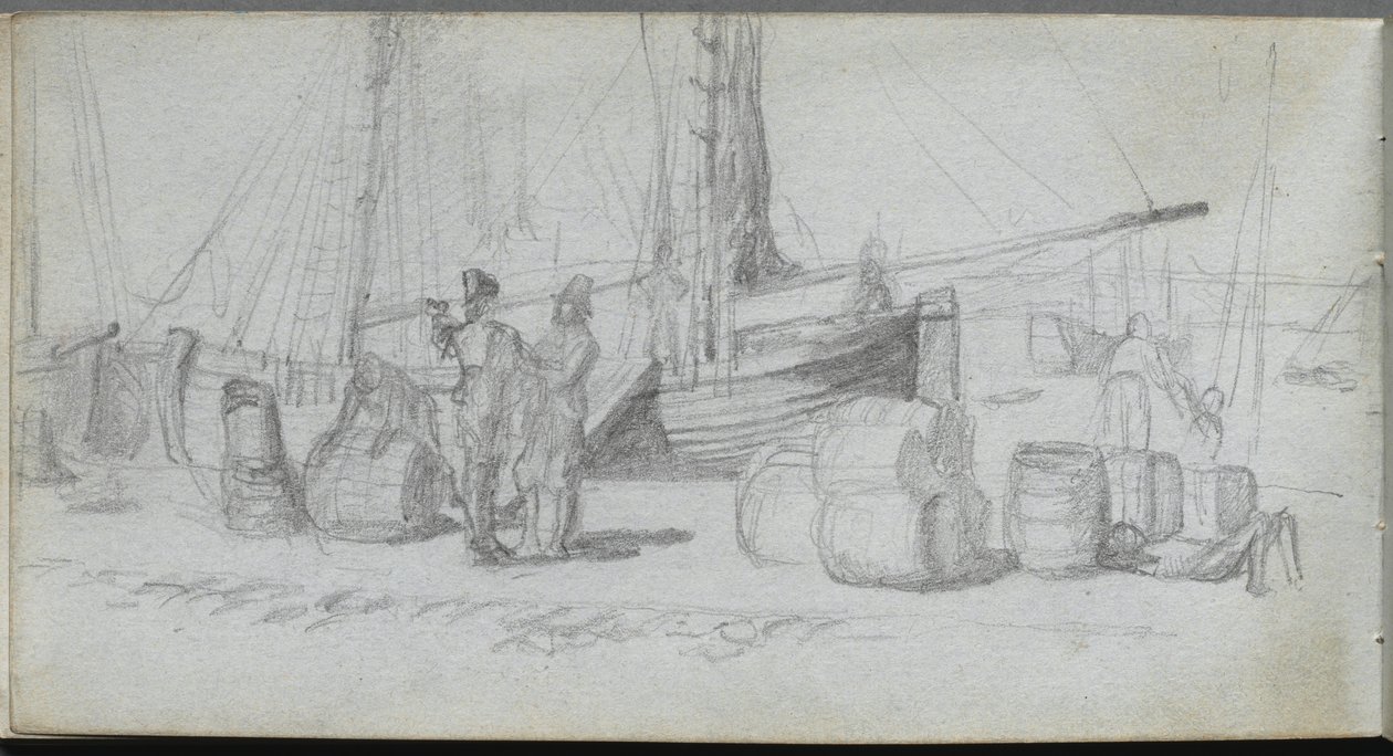 Náčrtník, strana 50: Lodě, figurky, náklad na pláži od Ernest Meissonier