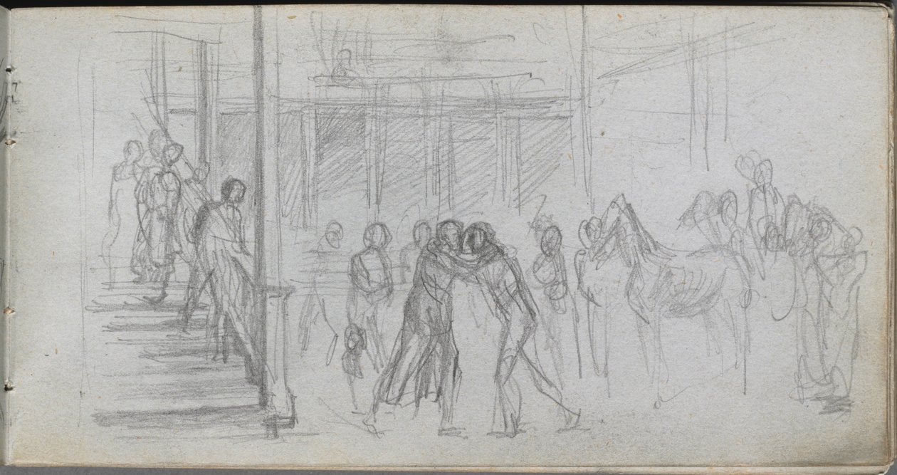 Náčrtník, strana 62: Studie postavy, Schodiště, Kůň. od Jean Louis Ernest Meissonier