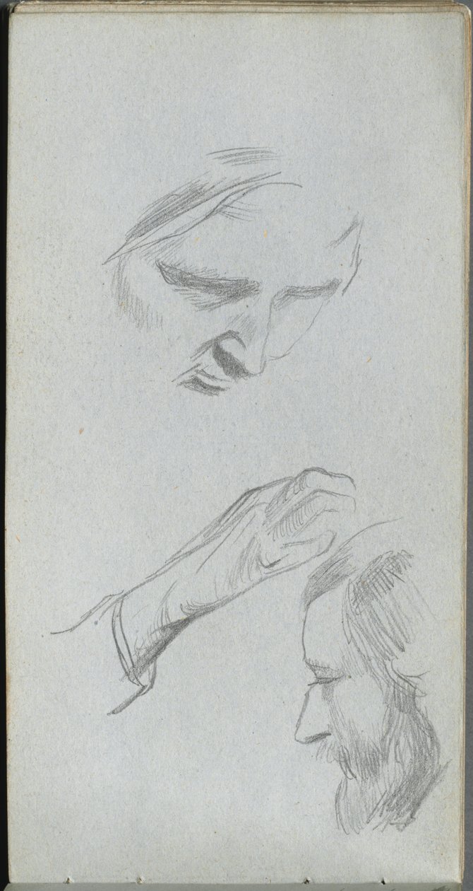 Náčrtník, strana 70: Studie dvou tváří a ruky. od Jean Louis Ernest Meissonier