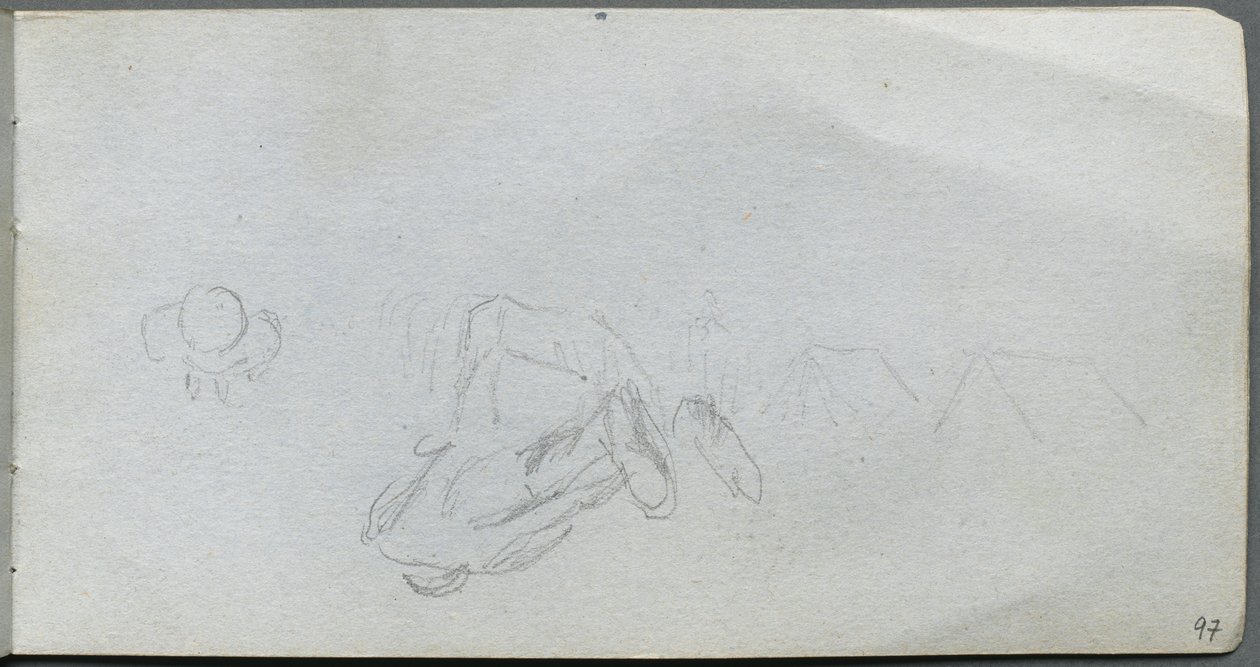 Náčrtník, strana 97: Studie figur, budovy. od Jean Louis Ernest Meissonier