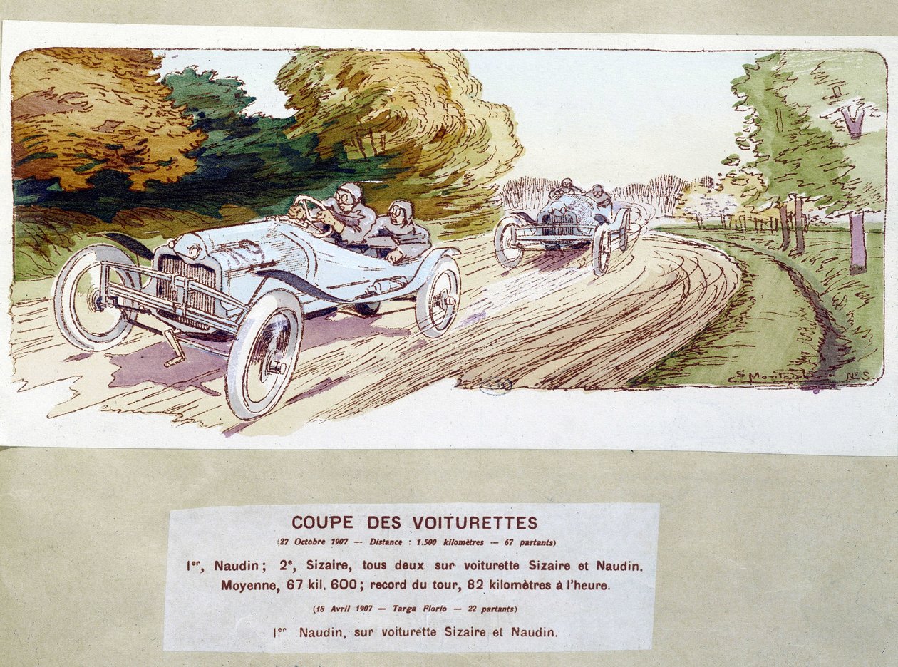 Automobilové závody: řezání vozíků v roce 1907 - kresba Ernesta Montauta (1878-1909). od Ernest Montaut
