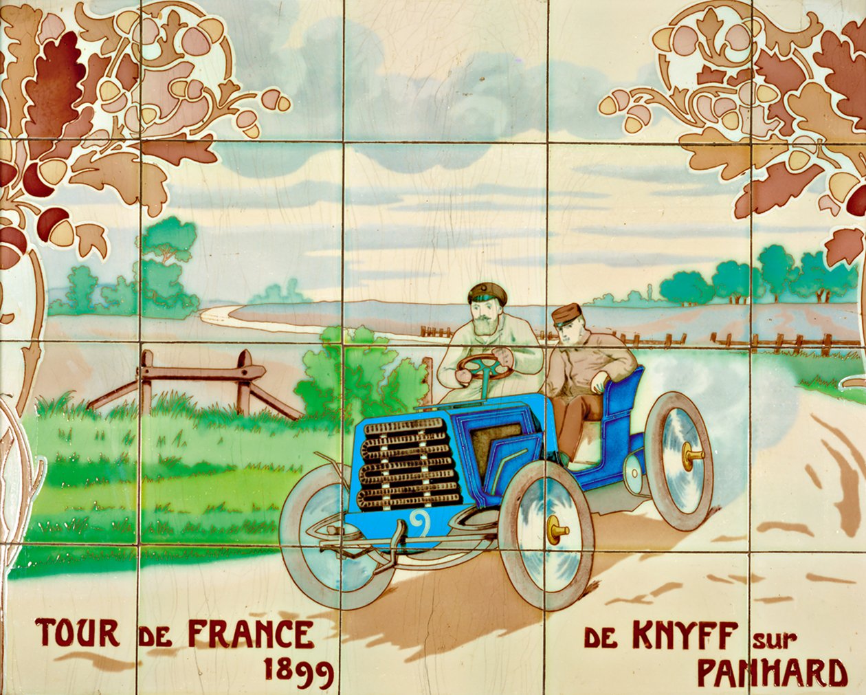 De Knyff za volantem vozu Panhard na Tour de France v roce 1899: keramické dlaždice vyrobené firmou Gilardoni Fils et Cie v Paříži podle kresby Ernesta Montauta (1878-1909) od Ernest Montaut