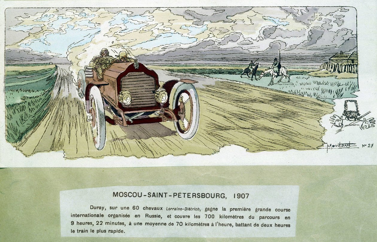 Motoristický závod: Moskva - Petrohrad, cca 1900 - kresba Ernesta Montauta (1878-1909). od Ernest Montaut