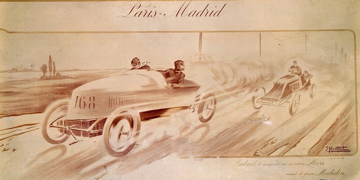 Automobilové závody: „Paříž Madrid“: Vítěz Gabriel na Mors vybavených pneumatikami Michelin „“ Ilustrace 1903 od Ernest Montaut