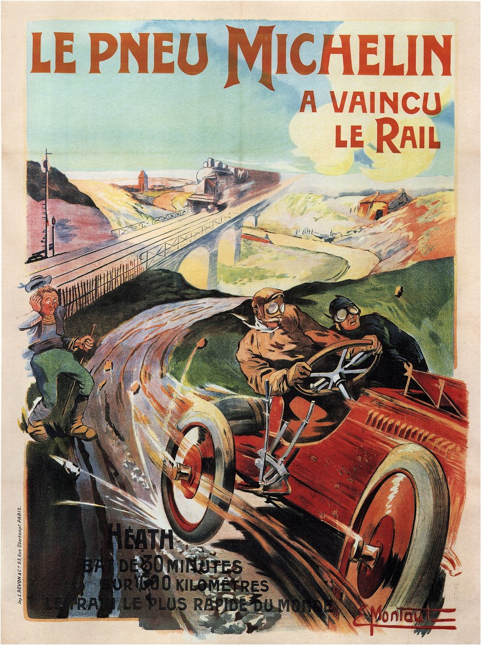 Závodní vůz Panhard et levassor poháněný vřesovištěm - Michelin Tires (Pneu) - Montaut, Ernest (1879-1909) - 1905 - Barevná litografie - Soukromá sbírka od Ernest Montaut