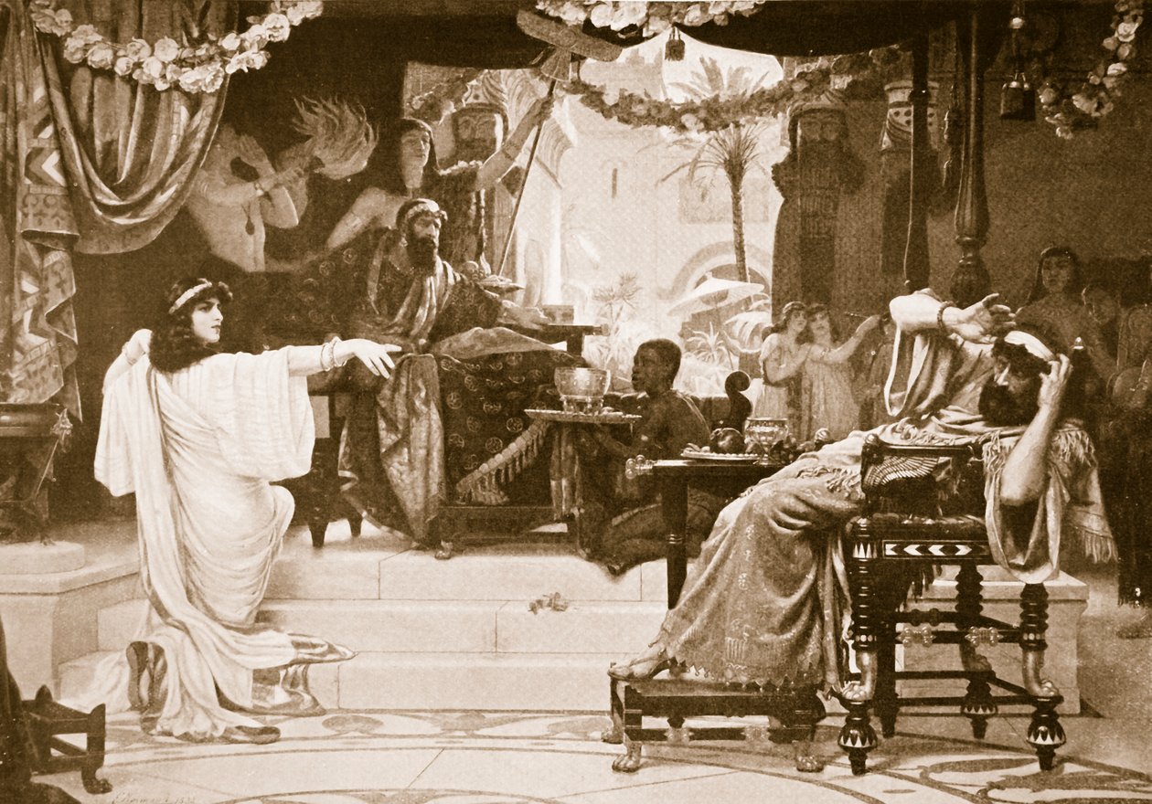 Esther odsuzující Hamana, ilustrace z „Hutchinsonových dějin národů“, kolem roku 1910 (sépiový tisk) od Ernest Normand