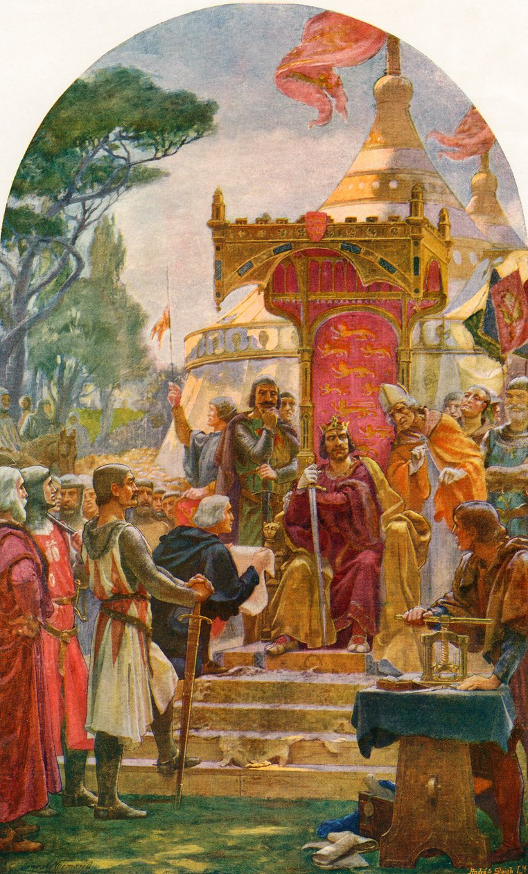 Král Jan udělující Magna Chartu v Runnymede, na břehu řeky Temže poblíž Windsoru, Anglie, 15. června 1215. Z Cassell