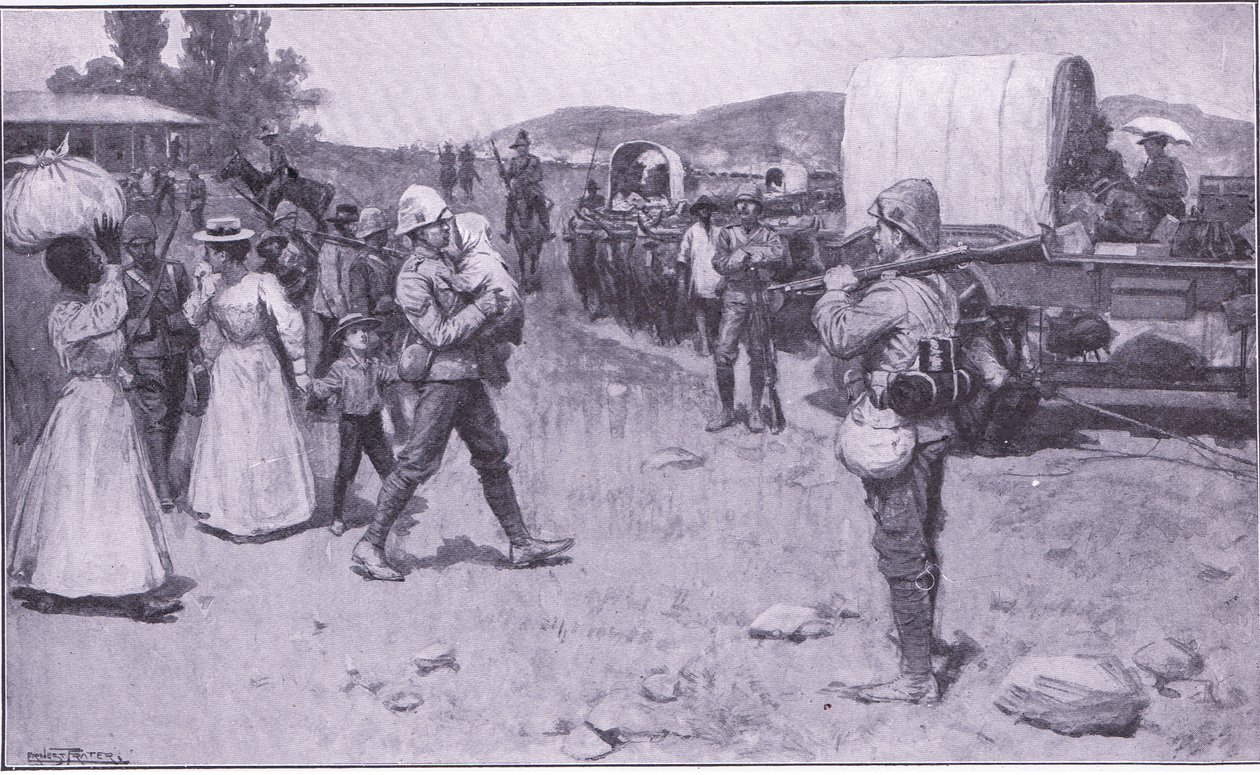 Britští vojáci pomáhající búrským uprchlíkům, ilustrace z Po Pretorii: Guerilla War, 1902 od Ernest Prater