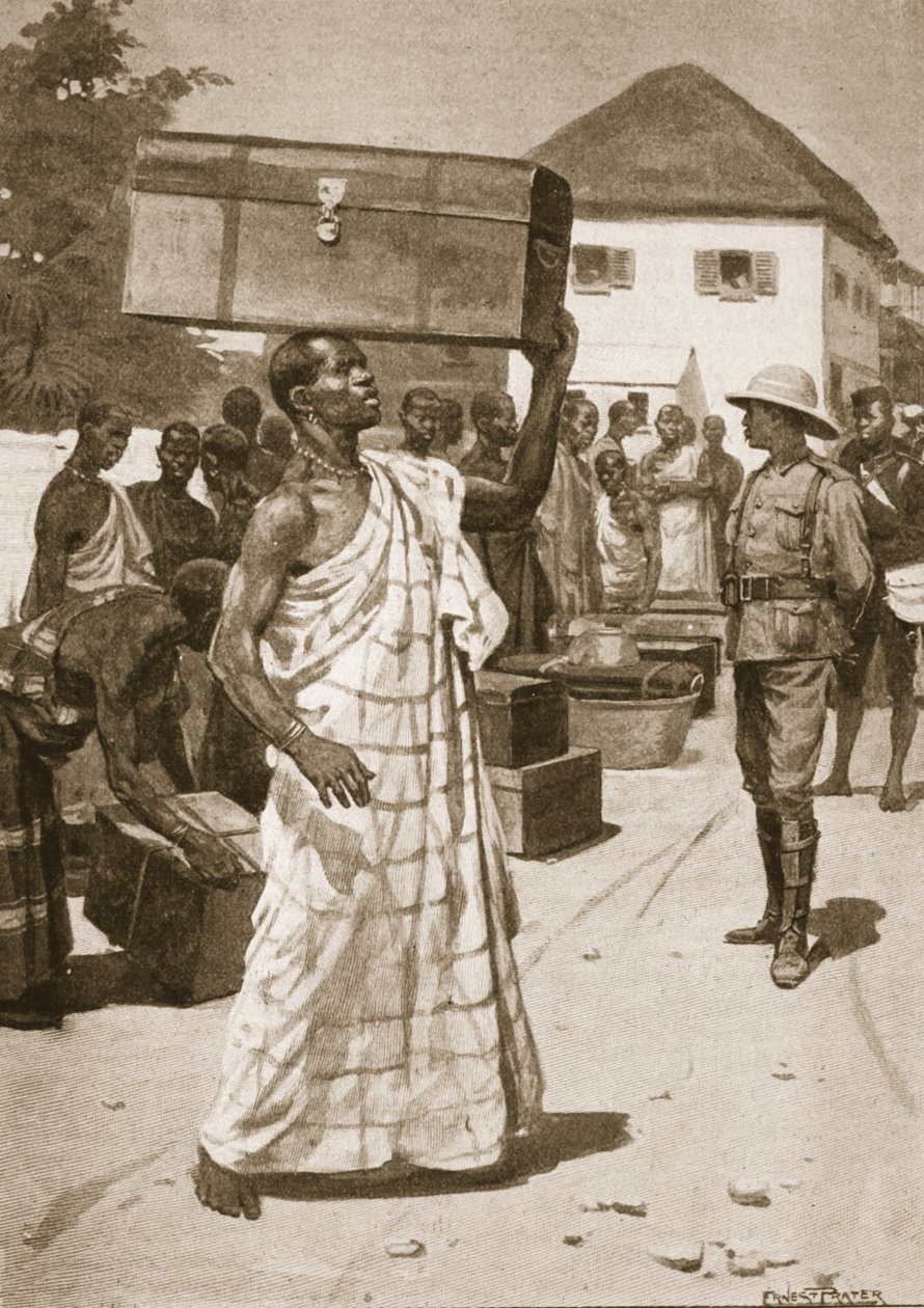 Nosiče vycházející z hradu Cape Coast pro Kumassi, ilustrace z „Bitvy devatenáctého století: sv. VII, The Ashanti War of 1900