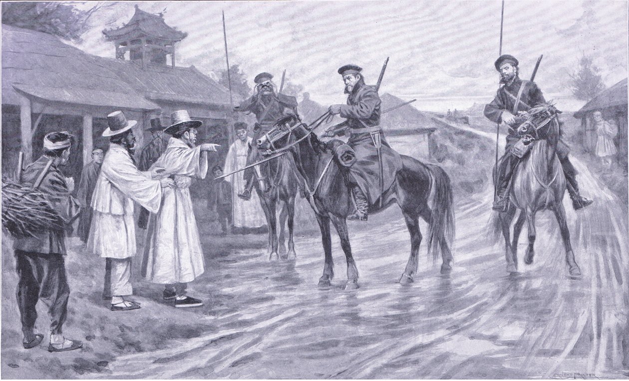 Kozáci zvědové shromažďují informace od korejského zajatce, ilustrace z Cassellse Historie rusko-japonské války Vol 1, kolem roku 1900 od Ernest Prater