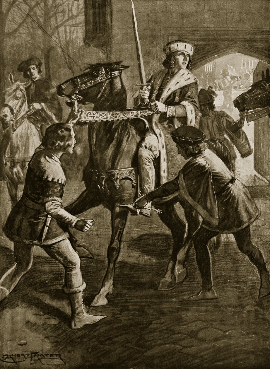 Edward IV utíká z Arcibiskupského panství Hertfordshire, 1470, ilustrace z „Hutchinsonova příběhu britského národa“, kolem roku 1923 od Ernest Prater