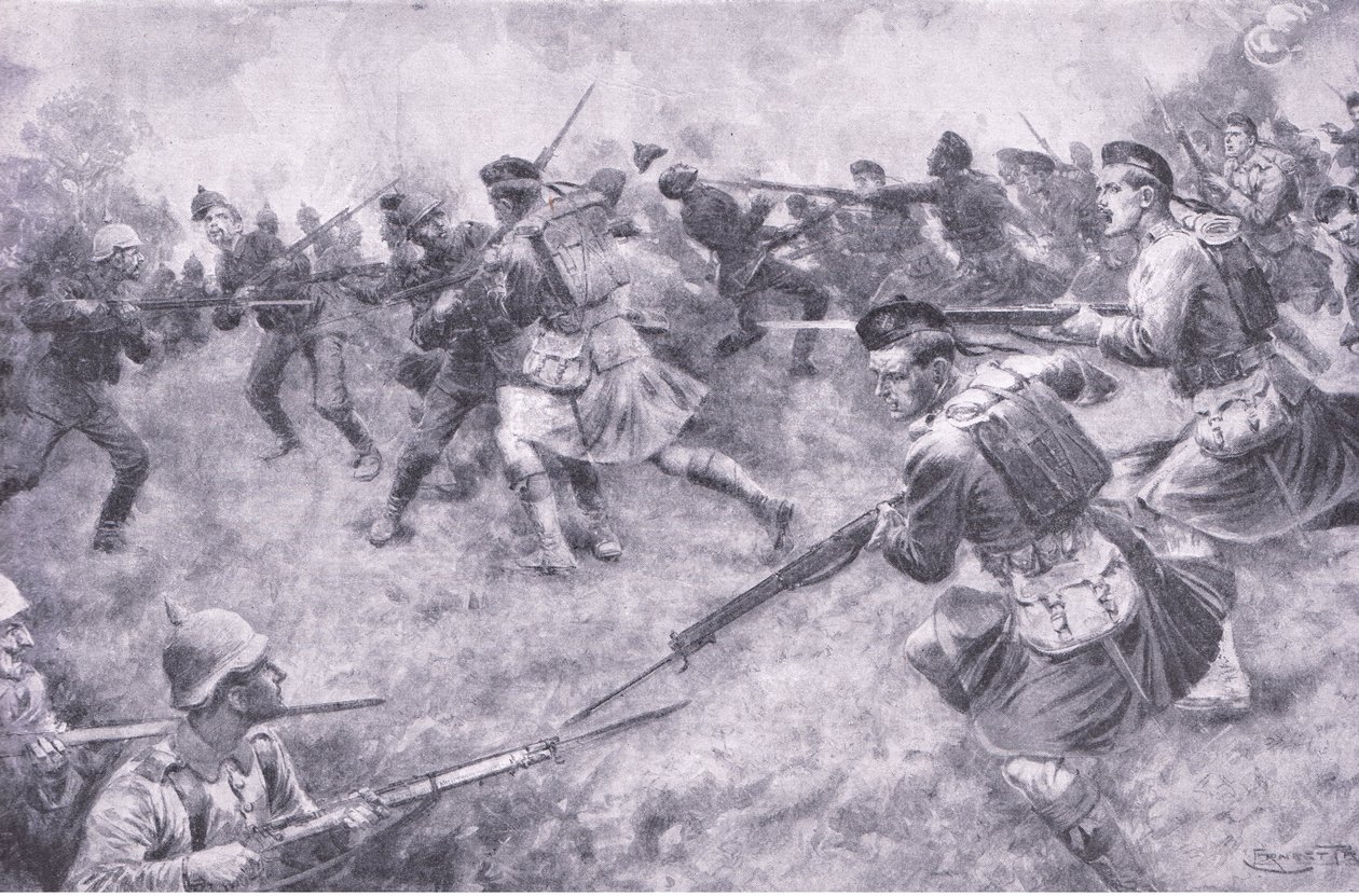 Galantní obvinění londýnských skotských, z History of the Great War Vol 3 vydané nakladatelstvím Waverley Book Co Limited, kolem roku 1920 od Ernest Prater