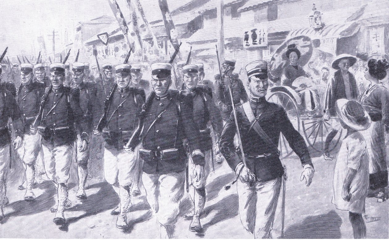 Japonci pochodují Tokiem, ilustrace z Cassells Historie rusko-japonské války Vol 1, kolem roku 1900 od Ernest Prater