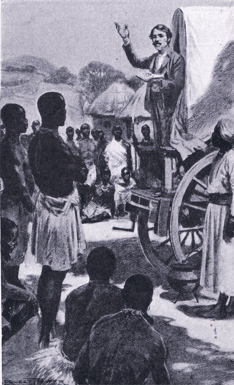 Preaching to the Makololo: Livingstone, ilustrace z Cassells Romance of Famous Lives, kolem roku 1940 od Ernest Prater
