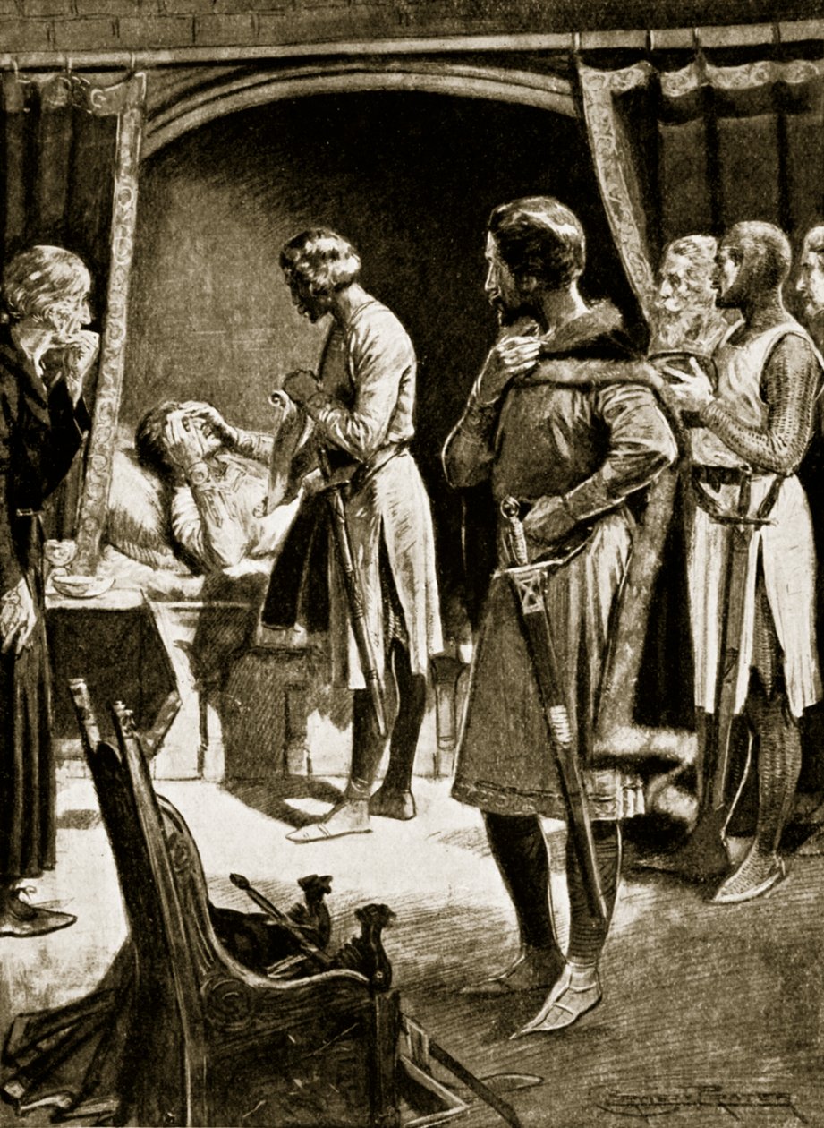 Smrt Jindřicha II., 1189, ilustrace z „Hutchinsonova příběhu britského národa“, kolem roku 1920 od Ernest Prater