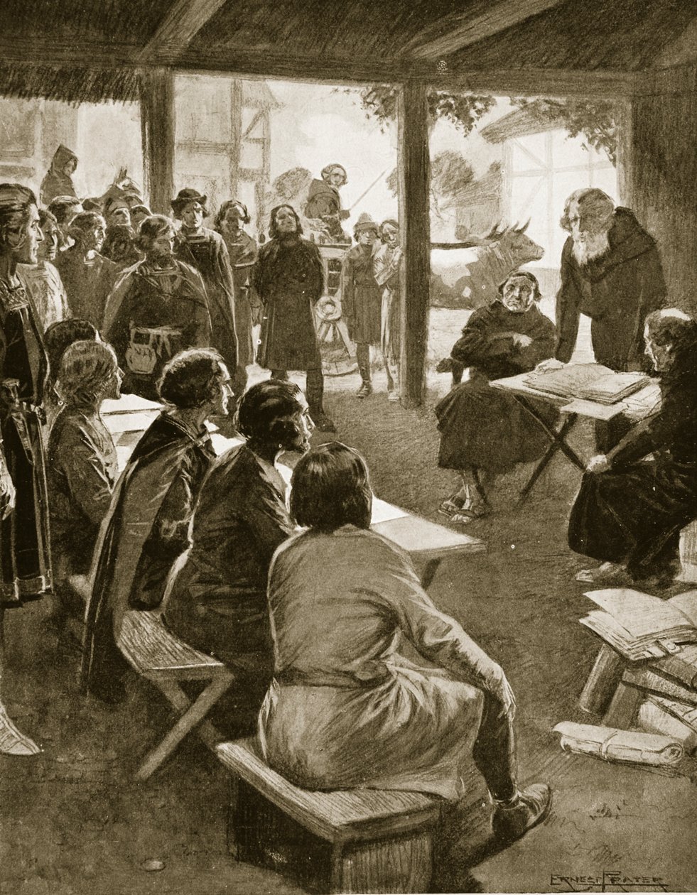 Založení Cambridge v roce 1109, ilustrace z knihy "Hutchinson