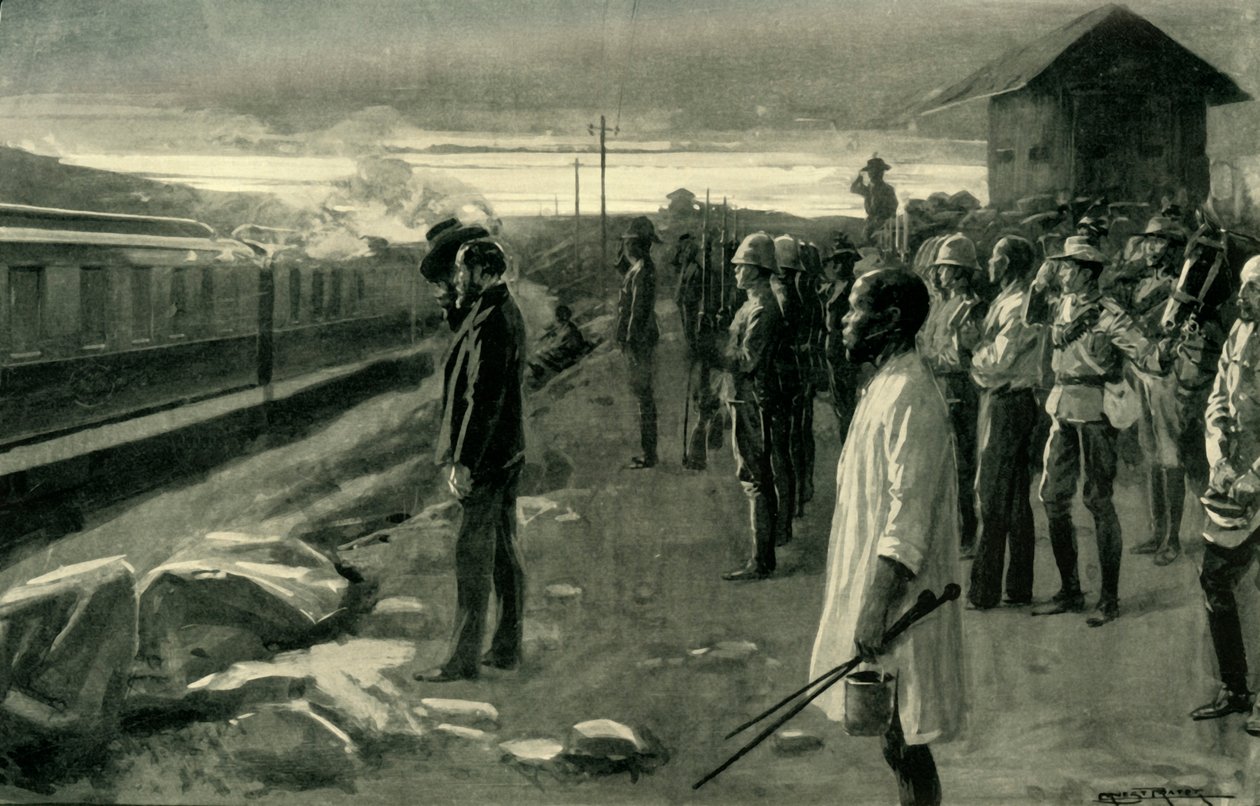 „Vlak převážející ostatky pana Rhodese pozdravený stráží srubu“, 1902. od Ernest Prater