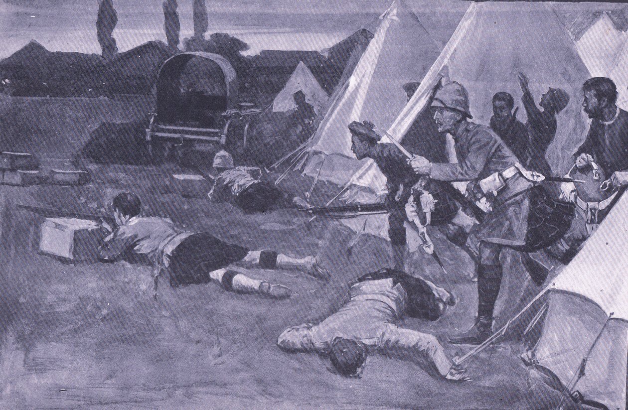 Útok na britský tábor na tržišti Jacobsdal, ilustrace z After Pretoria: The Guerilla War, 1902 od Ernest Prater