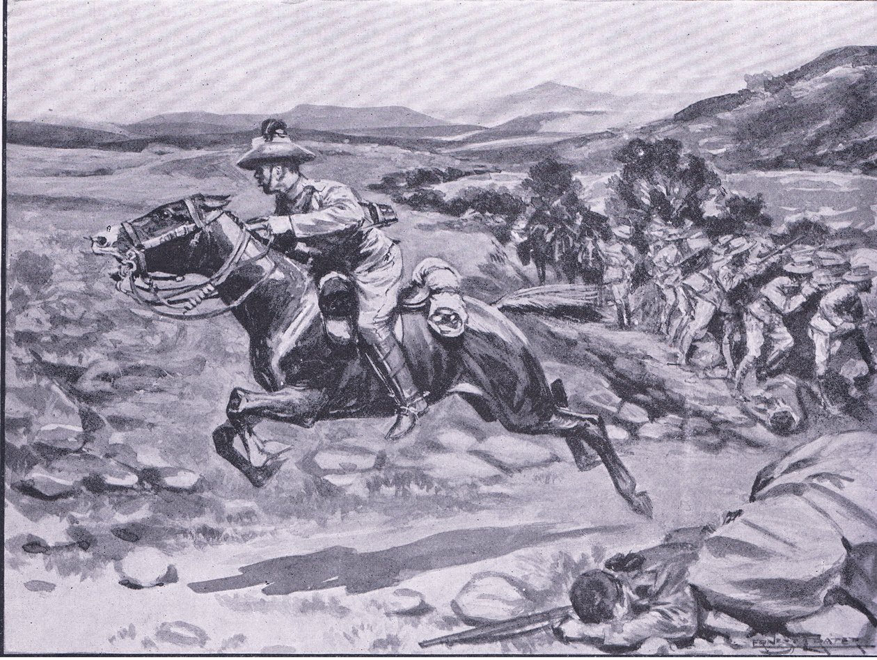 Zajetí osobního strážce: Odvážný nájezd Lieuta Batemanse, ilustrace z Po Pretorii: Guerilla War, 1902 od Ernest Prater