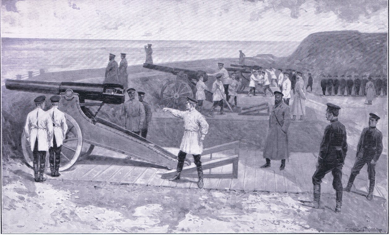 Investice Port Arthur. V jednom z přístavů střežících ruský přístav, ilustrace z Cassells Historie rusko-japonské války Vol 1, kolem roku 1900 od Ernest Prater