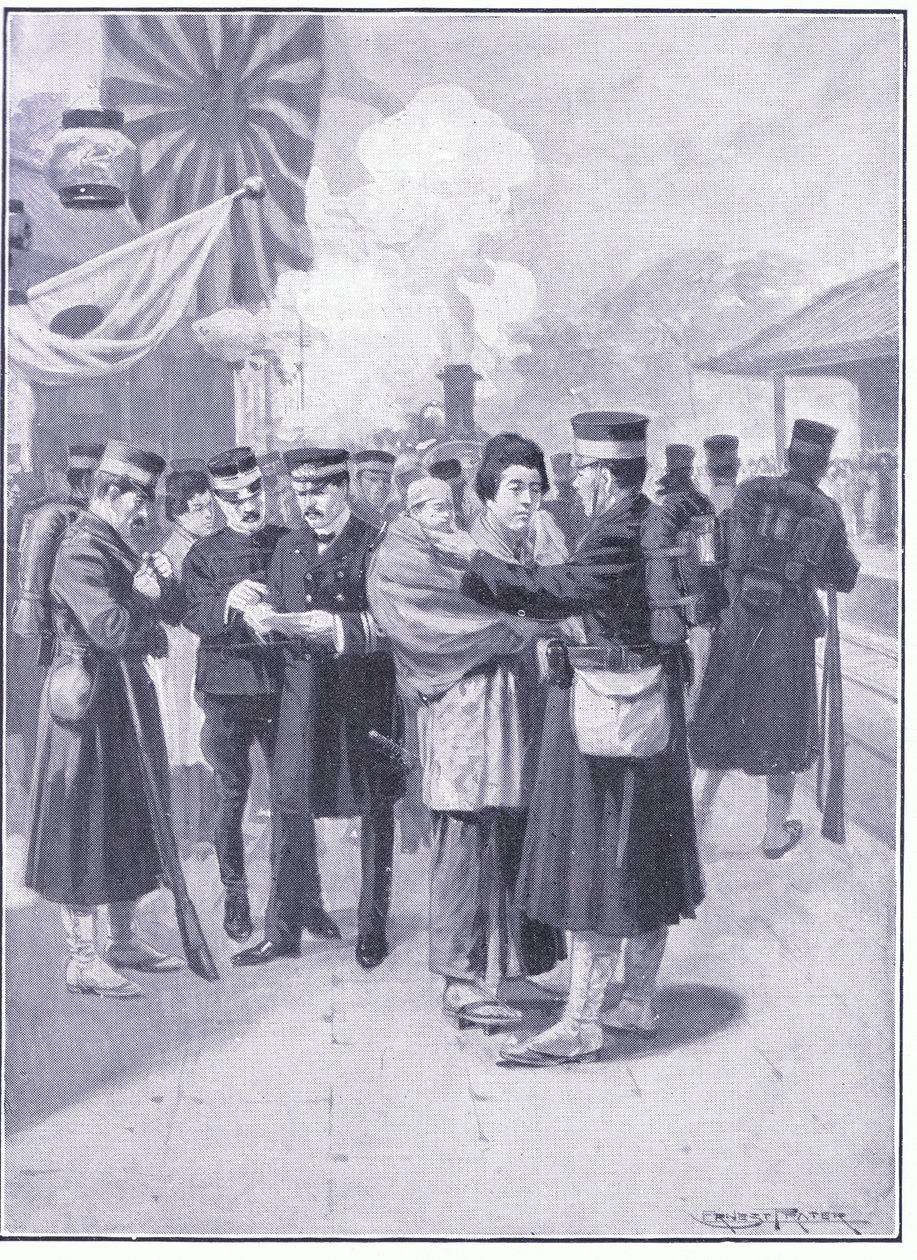 Vojska opouštějící Tokio, ilustrace z Cassells Historie rusko-japonské války Vol 1, kolem roku 1900 od Ernest Prater