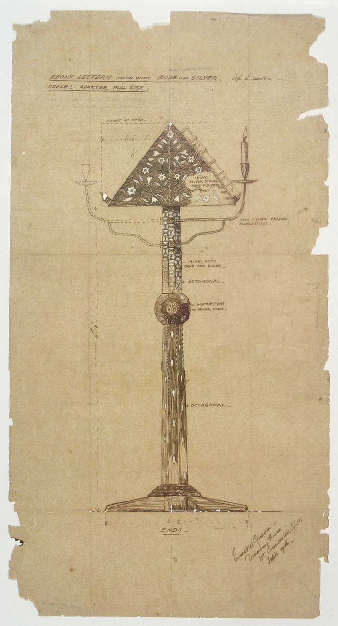 Design pro Ebony Lectern vykládaný kostmi a stříbrem pro kostel St. Andrews, Roker 1906 (pero a inkoust na papíře) od Ernest William Gimson