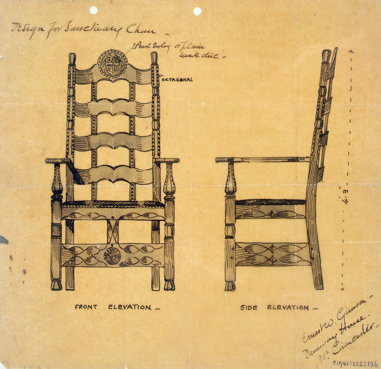 Design for Sanctuary Chair, cca 1905-25 (pero a inkoust na papíře) od Ernest William Gimson