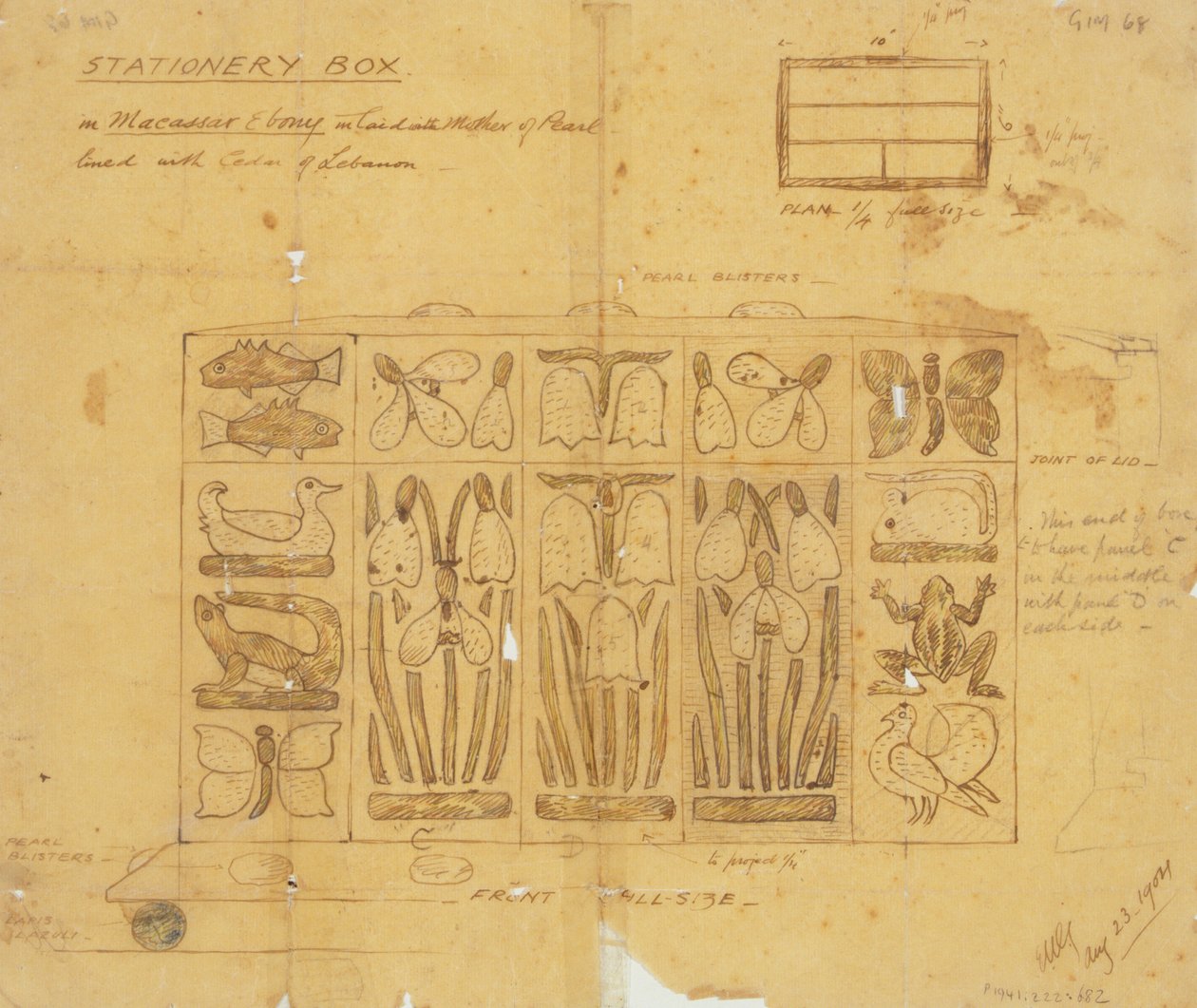 Design krabičky na psací potřeby z makasarového ebenu vykládané perlorodkou, 1904 od Ernest William Gimson