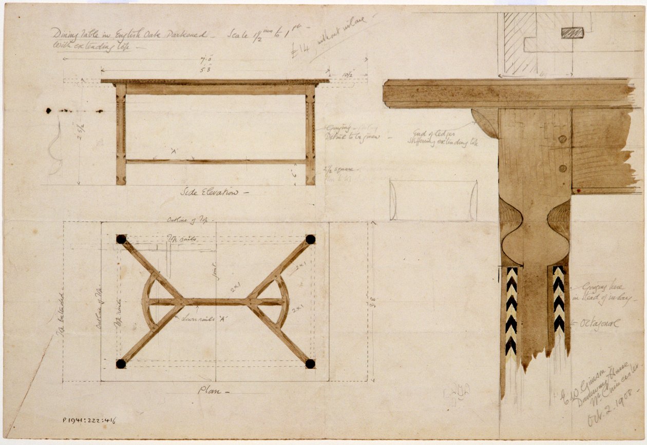 Design jídelního stolu z anglického dubu, zatmavený, s nosítky na seno, 2. října 1908 (pero & inkoust a wc na papíře) od Ernest William Gimson
