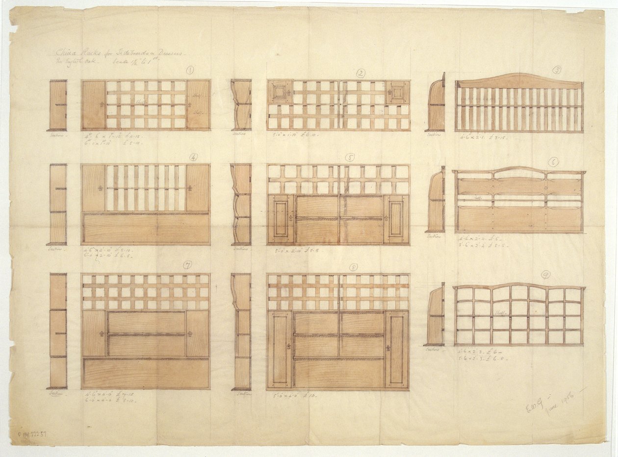 Designy pro čínské regály, příborníky a komody v anglickém dubu, 1906 (tužka a wc na papíře) od Ernest William Gimson