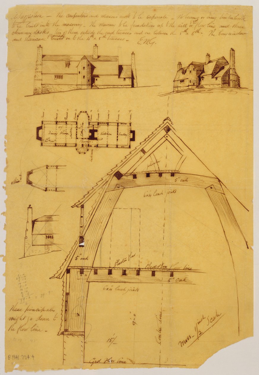 Pohled, plán a detail domu (inkoust a tužka na papíře) od Ernest William Gimson