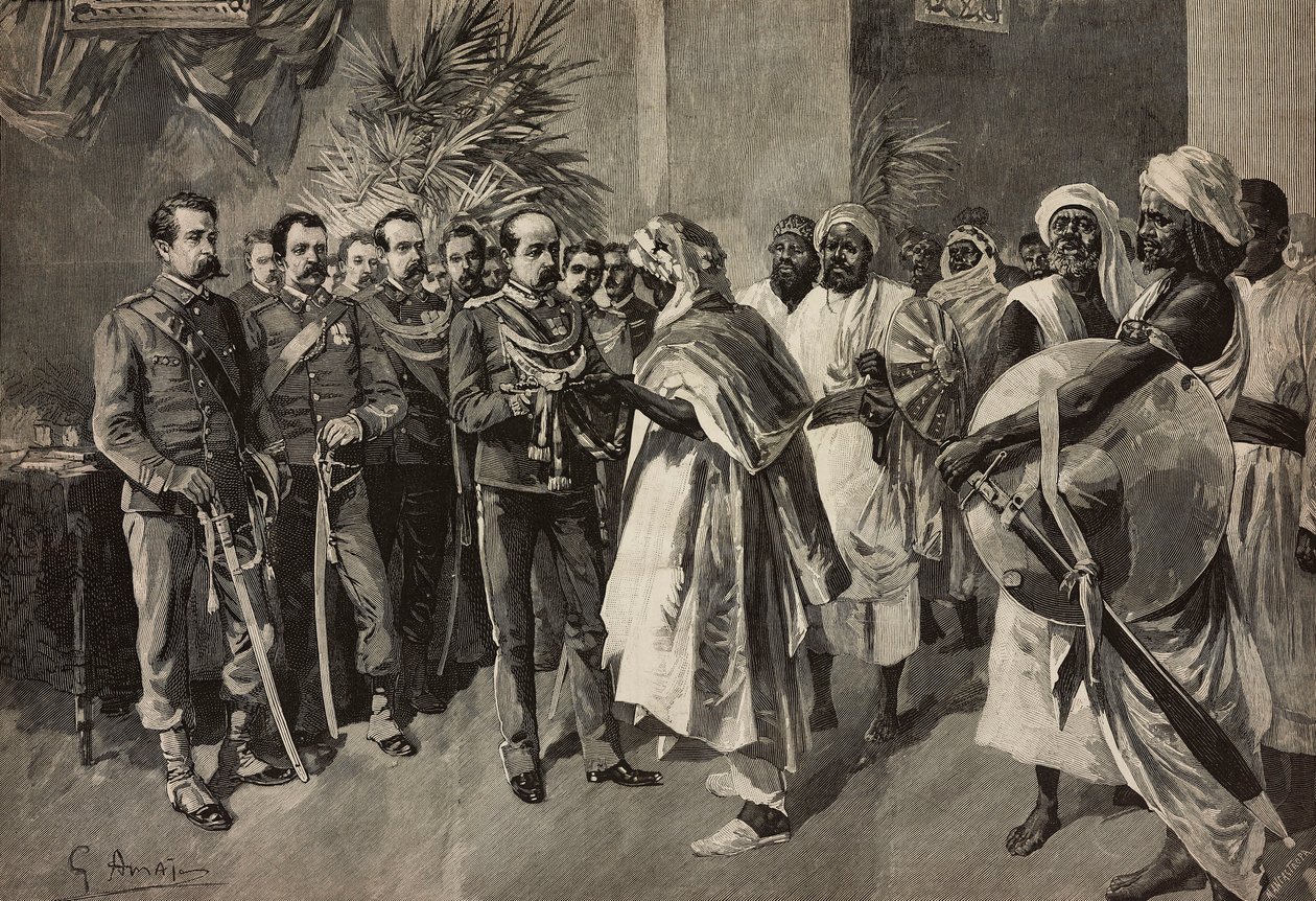 Generál Tancredi Saletta nabízející meč Kantibai, náčelníkovi Ababu, Massawa, Eritrejská válka, rytina Ernesta Mancatroppy z kresby G Amato, z L