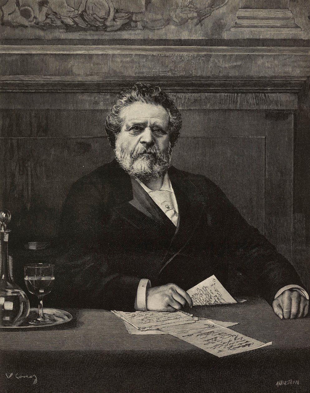 Giosue Carducci (1835-1907), italský básník a spisovatel, laureát Nobelovy ceny v roce 1906, rytina Ernesta Mancatroppy z malby Vittoria Corcose, z L