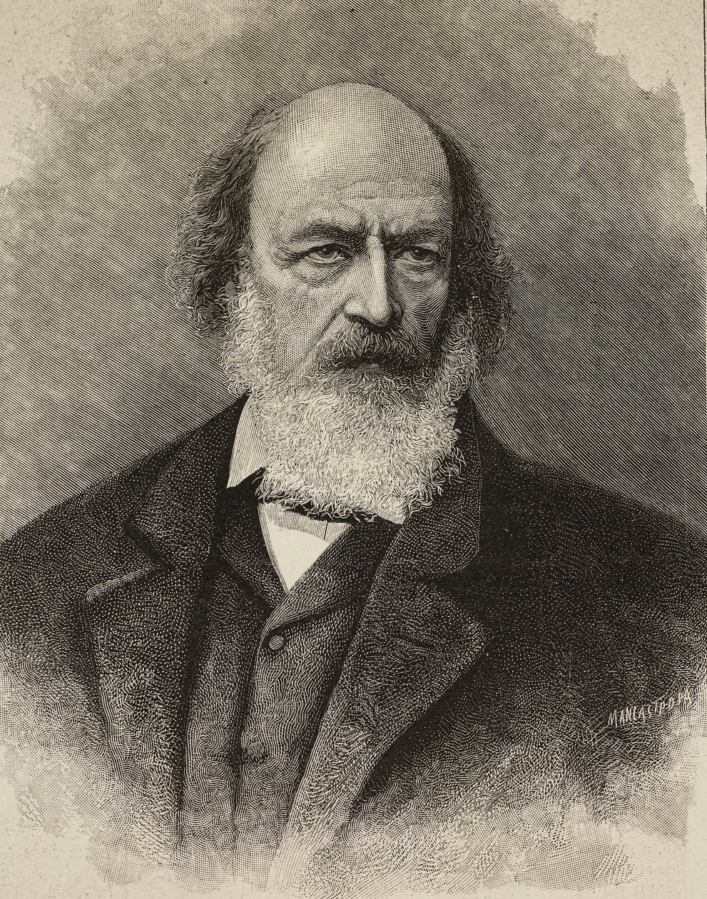 Portrét Alfreda Tennysona (1809-1892), britského básníka, rytina Ernesta Mancatroppy z fotografie Barraud, z L